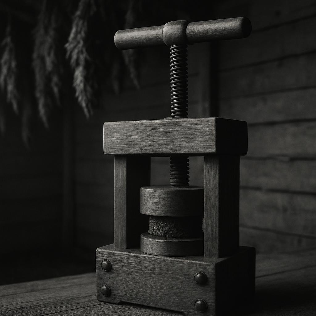 An old-fashioned wine press sits on a dusty wooden table in a dimly lit room, its wooden frame worn but sturdy from years ...
